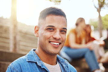 Portrait, black man and student on campus, college and relax on break, smile and casual. Jamaican male, guy and academic on university, confident and trendy with happiness, education and studying © S Fanti/peopleimages.com