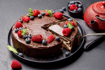 Chocolate cake dessert with berries