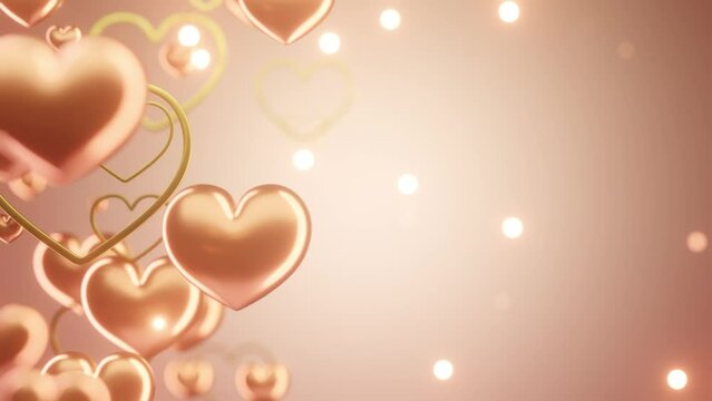 3d Valentine particles pink gold hearts background with copy space, float up hearts animation, 4k resolution.