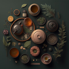Deconstruction of a Tea Set in a Knolling Layout, green tones