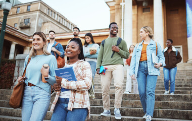 Diversity, students and walking on university steps, school stairs or college campus to morning class. Smile, happy people and bonding education friends in global scholarship opportunity or open day - obrazy, fototapety, plakaty