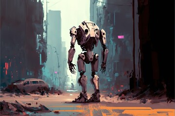 The robot walks around the destroyed city, only robots survived