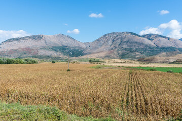 Fototapeta na wymiar Idyllic landscape with agricultural fields surrounded by mountains in southern Albania near the abandoned Orthodox monastery