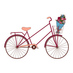 Fototapeta na wymiar Hand drawn bicycle and a bouquet of flowers for Valentine day. Design elements for posters, greeting cards, banners and invitations.