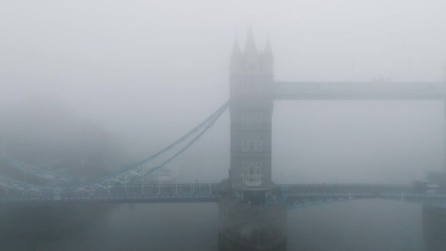London fog in winter. UK, London Skyline, St Paul's Cathedral, The City  Thames River, modern  old, United Kingdom, magical morning fog. Central London.Establishing Aerial Drone View Shot.