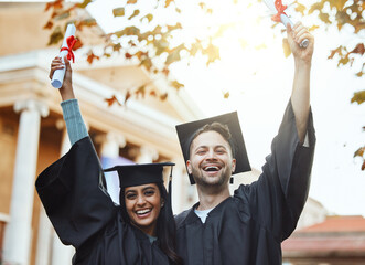 Wow, graduation and celebration, portrait of couple with certificate in garden university campus...