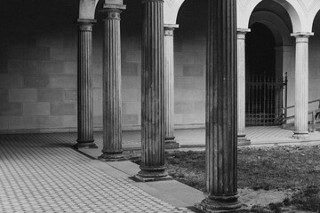 Black and white photo of Greek columns