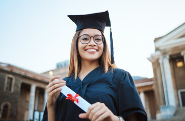 Portrait, graduate and study with a student woman holding a diploma or certificate outdoor on graduation day. Education, goal or unviersity with a female pupil outside after scholarship success - obrazy, fototapety, plakaty