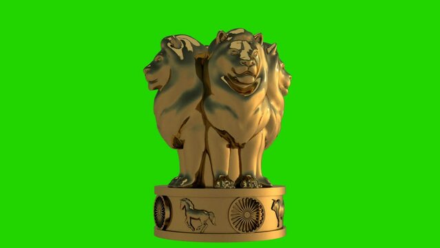 Golden Emblem of india, Ashok stambh isolated on Green screen