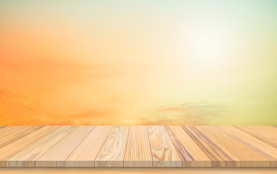 Wooden terrace the blurred and Christmas background concept. Wood white table top perspective in front of natural in the sky with light blur background image.