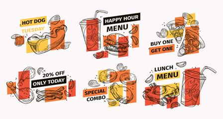Restaurant offer tag set with hand drawn food