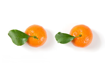 two tangerines fruit isolated on white background,top view.