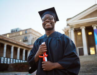 Achievement, diploma and portrait of a black man at graduation with college success, celebration and happy. Pride, smile and African graduate with a certificate after studying at university in London