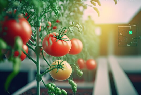 tomato grow in hi-tech controlling environment with bright light in research and experiment theme, concept for future agricultural, vertical farming, high- tech garden tools, hydroponic gardens,