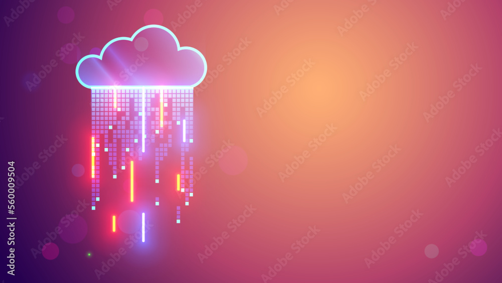 Aufkleber Cloud computing concept. Digital data storage in shapes icon of cloud with digital rain consists at square bits, neon lines. Computer network connect with cloud storage or data center, exchange datum.