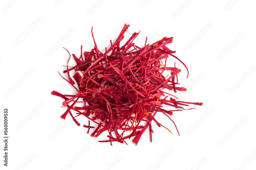 Wall mural Dried saffron spice isolated on white background.