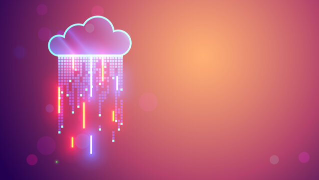 Cloud computing concept. Digital data storage in shapes icon of cloud with digital rain consists at square bits, neon lines. Computer network connect with cloud storage or data center, exchange datum.