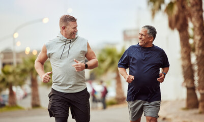 Running, men and fitness teamwork in city street, healthy lifestyle or outdoor wellness. Happy senior male friends, urban neighborhood exercise and training for energy, power or body workout together