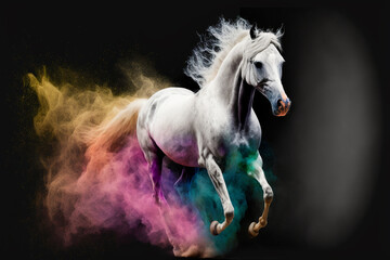 Fototapeta na wymiar Beautiful horse in a dark background running through colorful powder