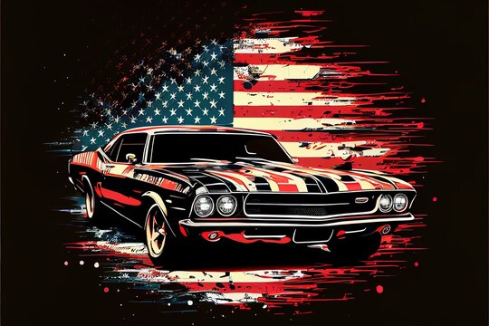 Sketch American Muscle Car with american flag. Poster style. Ai Generative