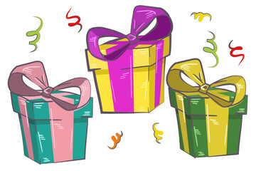 A set of gift boxes in holiday packages with bows. Birthday gifts. The Christmas holiday presents a realistic design. Vector illustration.