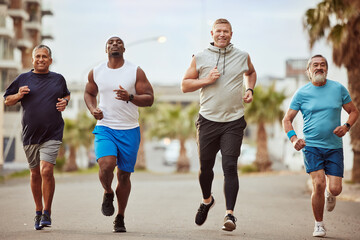 Fitness, running and teamwork with senior friends in city for stamina, cardio or endurance training. Sport, jogging and goal with group of men runner sprinting in town for workout, exercise or health
