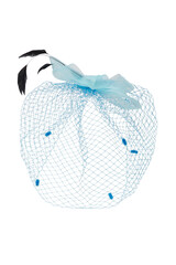 Close-up shot of a turquoise fascinator with a multi layered bow and a veil decorated with feathers. The fascinator with an alligator clip is isolated on a white background. Front view.