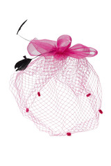 Close-up shot of a pink fascinator with a multi layered bow and a veil decorated with feathers. The fascinator with an alligator clip is isolated on a white background. Front view.