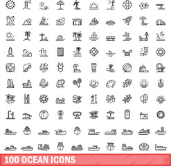 100 ocean icons set. Outline illustration of 100 ocean icons vector set isolated on white background