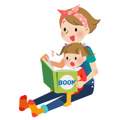 女の子と一緒に絵本を読むお母さん