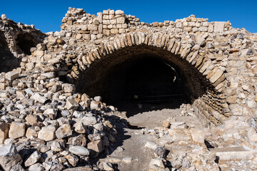 picturesque ancient ruins of ancient fortresses in Jordan against the blue sky