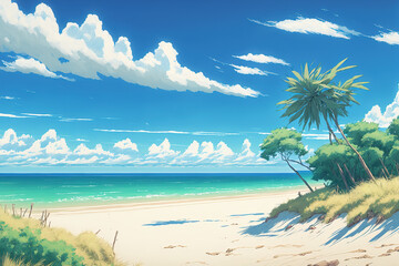 Fototapeta na wymiar Deserted Anime Tropical Beach Background, Abstract Art, Digital Illustration, Generative AI