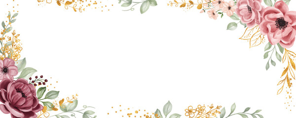 Floral banner arrangement from leaves and flowers maroon gold, flower frame for banner background.
