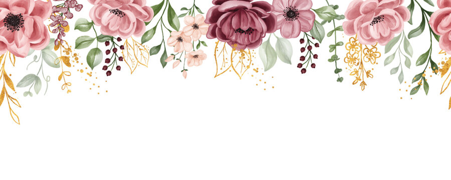 flower seamless border. Floral banner arrangement from leaves and flowers maroon gold, flower frame for banner background.

