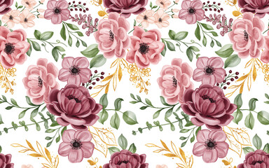 seamless pattern with flower pink maroon and leaves,   flower pattern for wallpaper, background or fabric textile.
