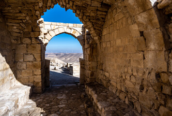 picturesque ancient ruins of ancient fortresses in Jordan against the blue sky