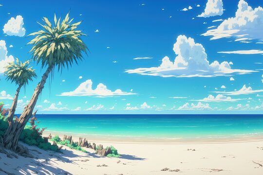 Deserted Anime Tropical Beach Background, Abstract Art, Digital Illustration, Generative AI