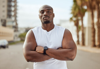 Portrait, fitness or black man ready to start running exercise, workout or sports exercise in city of Miami. Face, personal trainer or healthy African athlete thinking of vision, mission or goals