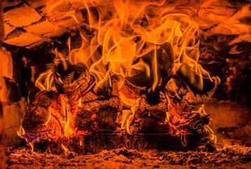 A few birch logs burning in the fireplace
