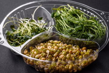 A set or mix of pea, mustard and sprouted mung bean microgreens in a portioned plastic box