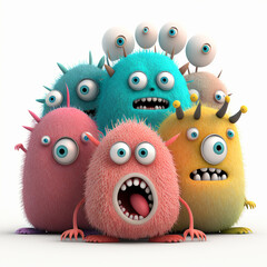 Colorful and Hairy Microbes for Use in Film and Animation - white background