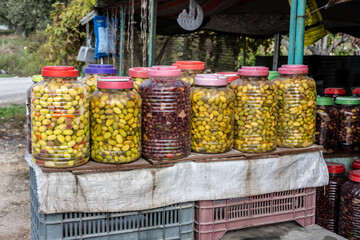 homemade pickled olives at a roadside shop in Jordan