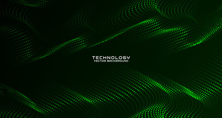 Green techno abstract background on dark space with waving particles style effect. Graphic design element with 3d moving dots flow concept for banner, flyer, card, brochure cover, or landing page