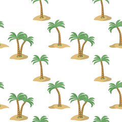 Cartoon tropical palms on a sand island. Vector seamless pattern. Isolated on white background. Floral design for wallpaper, textile, and print.