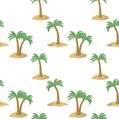 Obraz premium Cartoon tropical palms on a sand island. Vector seamless pattern. Isolated on white background. Floral design for wallpaper, textile, and print.