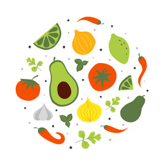 Set of fresh raw ingredients for mexican avocado sauce guacamole. Flat vector illustration