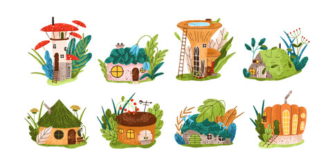 Fairytale fantasy houses set. Tiny fairy tale gnome homes in nature among plants, flowers. Small garden elf buildings, dwarf huts. Childish flat vector illustrations isolated on white background © Good Studio