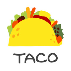 Mexican fast food Taco with meat, vegetable and tortilla. Vector illustration in flat style.