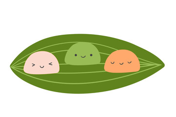 Traditional Japanese rice dessert Mochi characters on green leaf.