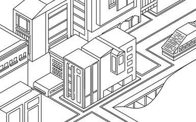 sketch of house, lodging apartment illustration. Black lines isometric purple 